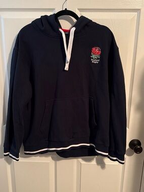 Gianni Bini Navy Pullover Hoodie with Red Rose Patch